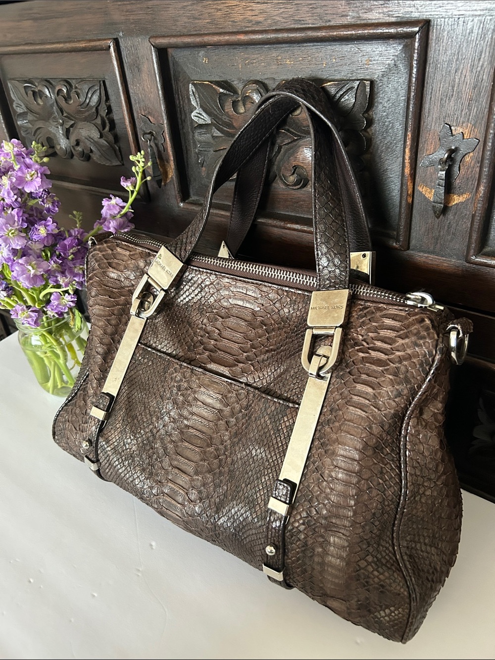 Michael Kors Brown Textured Leather Satchel with Silver-Tone Hardware